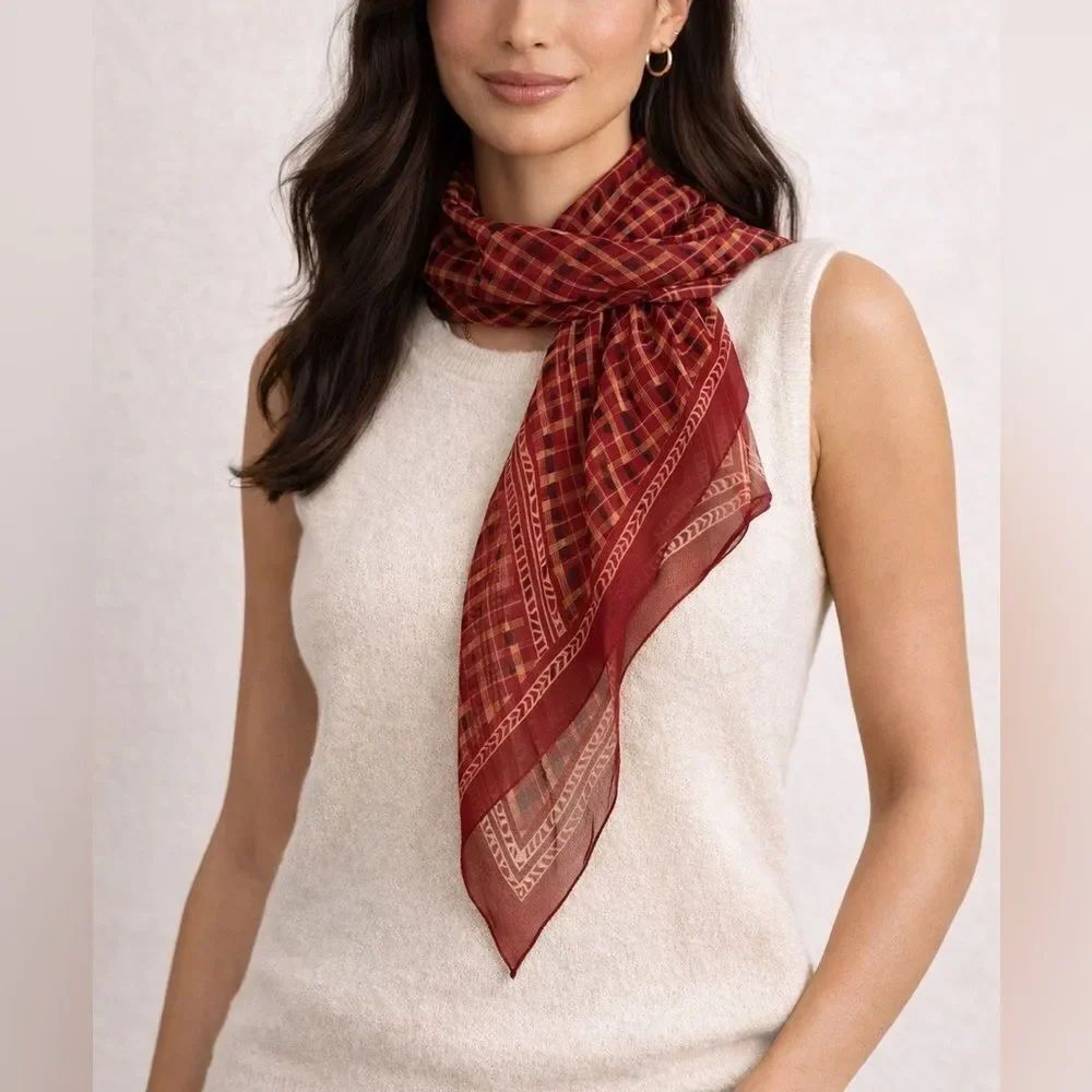 Anne Klein II 100% Silk Oblong Scarf Red Geometric Parallelogram Sheer Vintage